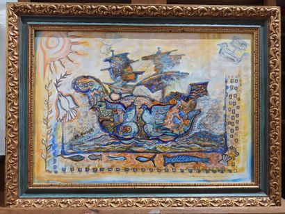 null Modern school ***M. FUSCO
"The Voyage of the Doves"
Mixed media on paper, signed...