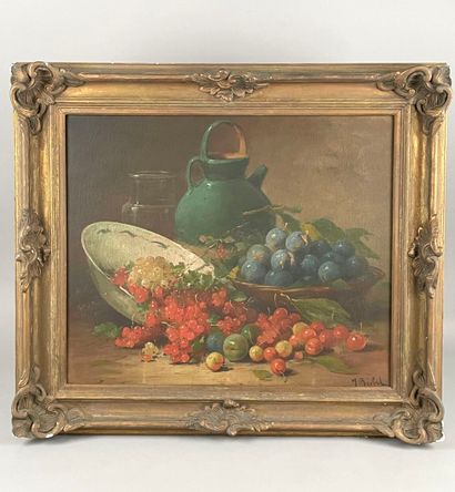 null J. BUBEL
Still life with grapes, blueberries and cherries on an entablature
Oil...