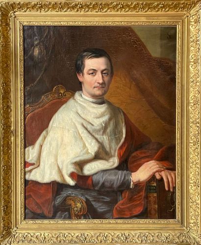 null Late 19th century French school 
Portrait of a Prelate on a Gilded Wood Armchair
Canvas,...