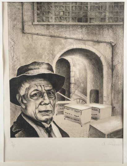 null Christian ZEIMERT (1934-2020) 
Man and chest of drawers in a courtyard 
Print,...