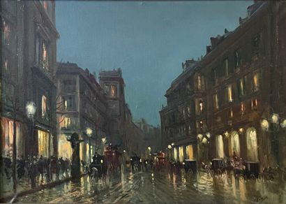 null Modern school
Busy street at night
Oil on canvas, unidentified signature lower...