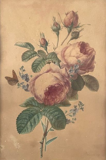 null Auguste PIQUET DE BRIENNE (1789-?)
Branch of Roses, Forget-Me-Not and Butterfly
Pen...