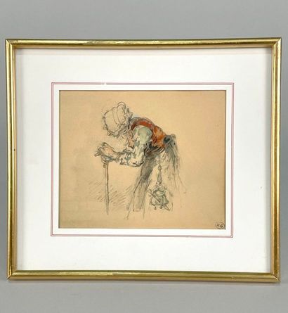 null French school 
Peasant woman with cane
Watercolor and charcoal on paper, monogrammed...