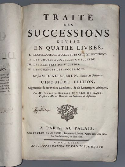 null Oeuvres de M. Denis Lebrun, Traité des successions, 1743
Un volume relié, basane,...