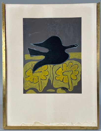  After Georges BRAQUE
Black dove
Reproduction of a lithograph 
(Stains.)
Height 67... Gazette Drouot