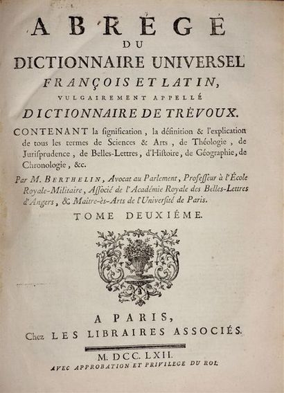 null ABRÉGÉ DU DICTIONNAIRE DE TRÉVOUX. Paris, Chez les Libraires associés, 1762...