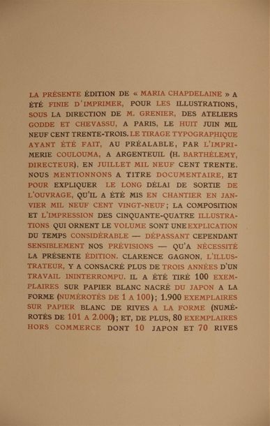 null HÉMON Louis. Maria Chapdelaine. Paris, Mornay, 1933 ; petit in-4° broché. Un...