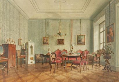 null École française de la seconde moitié du XIXe siècle
" Vue d'un salon rouge "
Aquarelle...