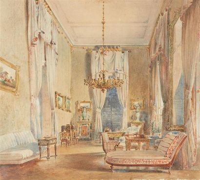 null École française de la seconde moitié du XIXe siècle
" Vue d'un grand salon bleu...