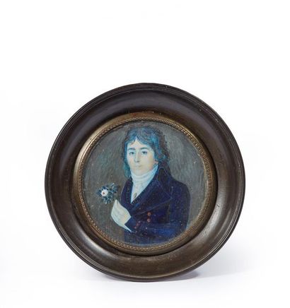 null École française, vers 1800
" Portrait d'homme à la fleur "
Miniature circulaire.
Diam....