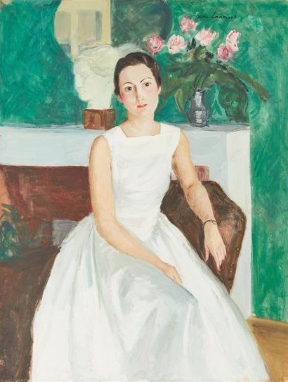 null LAUNOIS Jean (1898-1942).
Portrait de jeune femme à la robe blanche
Gouache...