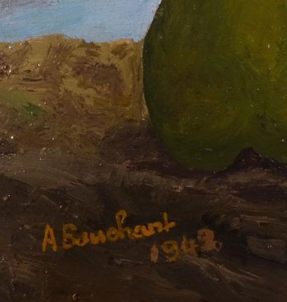 null BAUCHANT André (1873-1958).
Pommes et poires dans un paysage
Huile sur panneau,...
