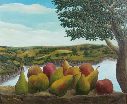 null BAUCHANT André (1873-1958).
Pommes et poires dans un paysage
Huile sur panneau,...