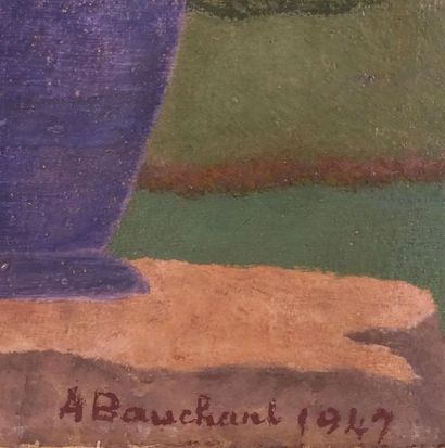 null BAUCHANT André (1873-1958).
Fleurs au vase bleu dans un paysage
Huile sur toile,...