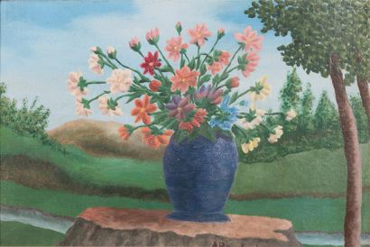 null BAUCHANT André (1873-1958).
Fleurs au vase bleu dans un paysage
Huile sur toile,...