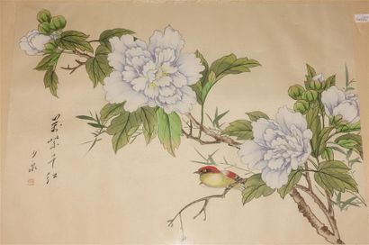 null Japon ou Chine
Deux peintures " Paysage lacustre " et " Oiseau sur une branche...