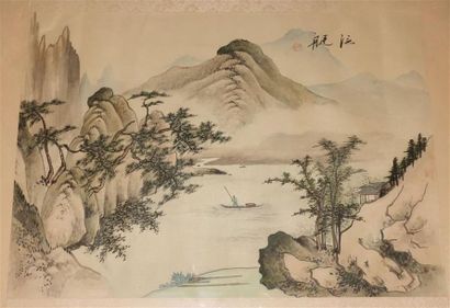 null Japon ou Chine
Deux peintures " Paysage lacustre " et " Oiseau sur une branche...