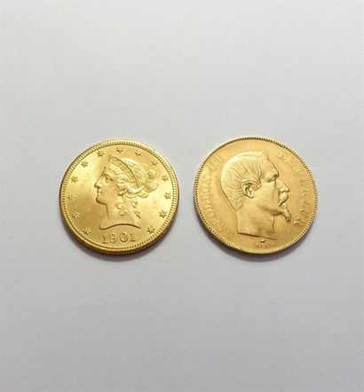 null Deux pièces : une de 10 $ U.S en or et une de cinquante francs Napoléon III....