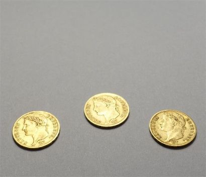 null Trois pièces de vingt francs or de 1808, 1810 et 1813.
Poids : 19.26 g.
FRAIS...