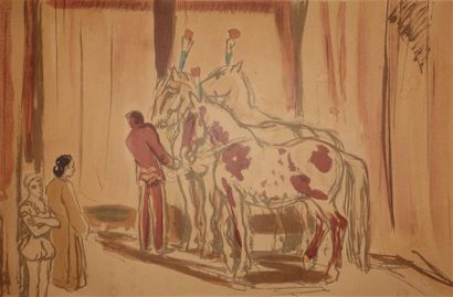 null Yves BRAYER (1907-1990)
Personnages et chevaux dans un écurie.
Lithographie,...