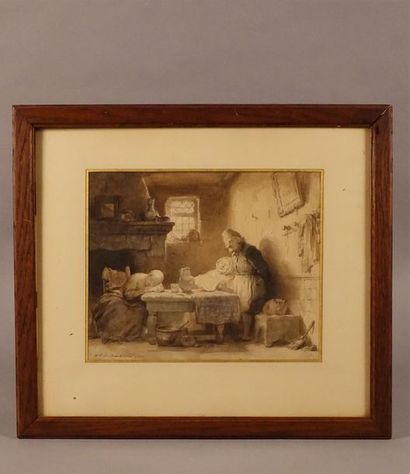 null Ferdinand BRAEKALAER (Anvers 1792-1883).
La lecture du soir : trois personnages...