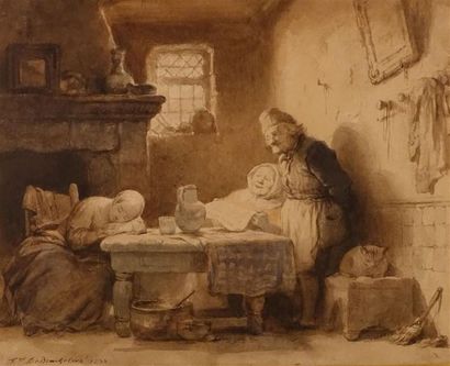 null Ferdinand BRAEKALAER (Anvers 1792-1883).
La lecture du soir : trois personnages...