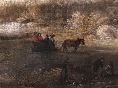 null Attribué à Jan Abraham BEERSTRAETEN (1622-1666).
Patineurs sur une rivière gelée...