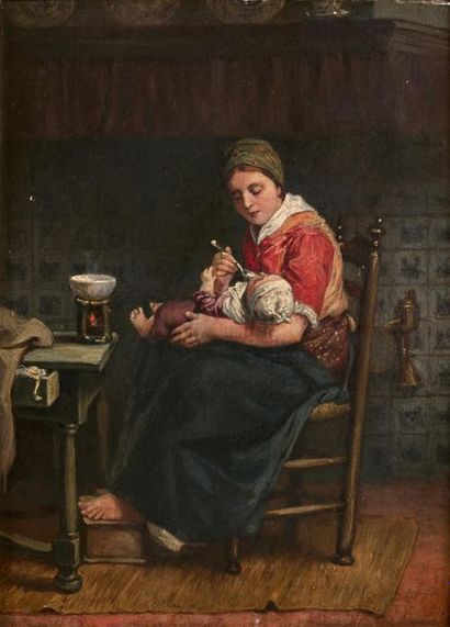null École Française du XIXe siècle.
Jeune mère nourrissant son enfant
Panneau.
Haut....