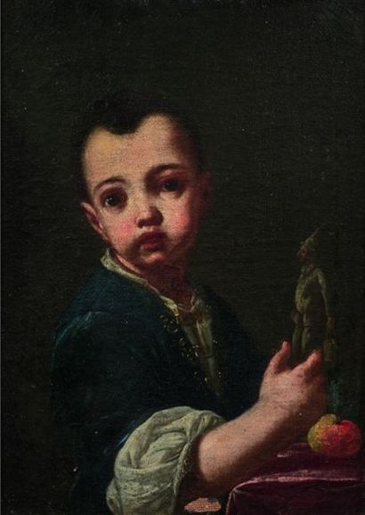 null Antonio AMOROSI (Comunanza 1660-Rome 1738).
Portrait d'un petit garçon au polichinelle
Toile...