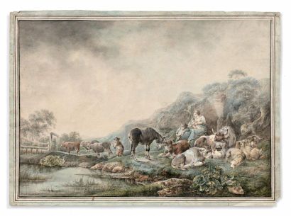 null Johann Jacob SCHALCH (Schaffhouse 1723-1789).
Pastorale
Aquarelle sur traits...