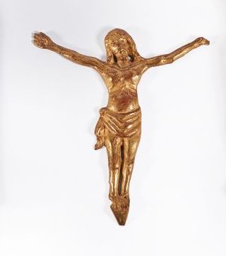 null Christ en bois sculpté et redoré.
Début du XVIIe siècle. (Accidents aux mains.)
Haut....