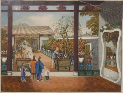 null CHINE, Canton - XIXe siècle.
Gouache sur papier, personnages arrangeant un jardin...