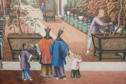 null CHINE, Canton - XIXe siècle.
Gouache sur papier, personnages arrangeant un jardin...