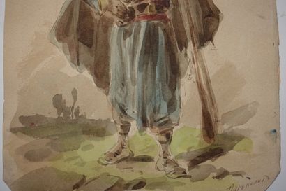 null DUPENDANT (Circ. 1835-?).
Tirailleur sénégalais. 
Aquarelle, signée en bas à...