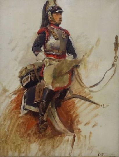 null Raymond DESVARREUX (1876-1961).
" Cuirassier monté, du Premier Empire ".
Huile...