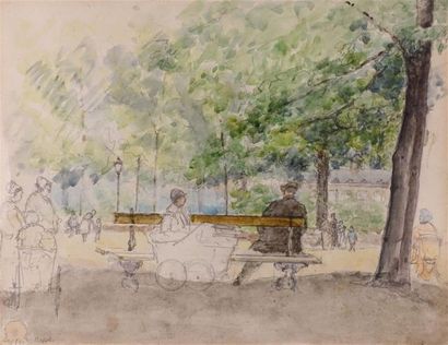 null Eugène BÉJOT (1867-1931).
Les bords de Seine ; Personnages dans un parc.
Deux...