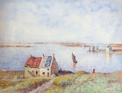 null Léon DUVAL-GOZLAN (1853-1941).
La rivière d'Étel.
Aquarelle gouachée, signée...
