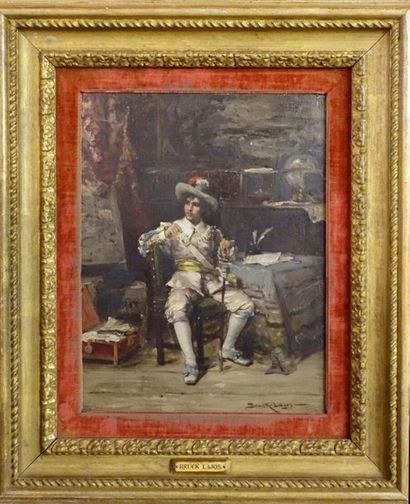 null Lajos BRUCK (1846-1910).
Portrait d'un mousquetaire dans un intérieur.
Huile...