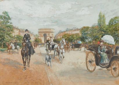 null Georges STEIN (1870-1955).
Avenue du bois de Boulogne.
Aquarelle gouachée, signée...