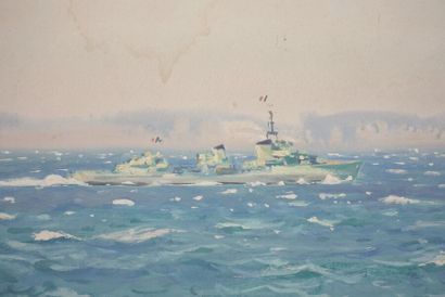 null Albert BRENET (1903-2005).
Contre-torpilleur dans la rade.
Gouache sur papier,...