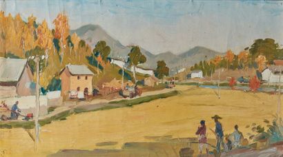 null Daqing CHEN (1936-1977).
Bountiful Harvest 
Huile sur carton.
Haut. : 48,3 cm...