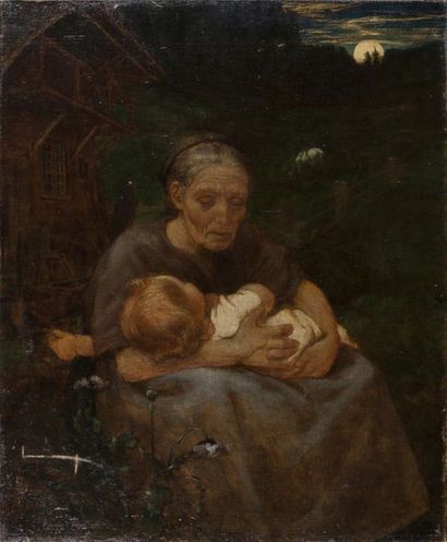 null Hans THOMA (1839-1924).
Grand-mère tenant son petit-enfant au clair de lune
Huile...