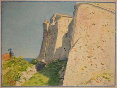 null Tony MINARTZ (1870-1944).
Château fortifié en bord de mer
Aquarelle, porte le...