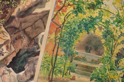 null Tony MINARTZ (1870-1944).
Tonnelle - Promeneuses devant la grotte
Deux aquarelles,...