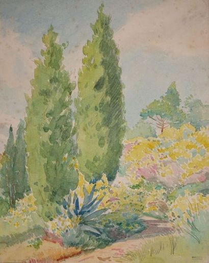 null Tony MINARTZ (1870-1944).
Paysage aux cyprès - Élégante dans un parc 
Deux aquarelles,...