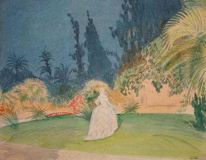 null Tony MINARTZ (1870-1944).
Paysage aux cyprès - Élégante dans un parc 
Deux aquarelles,...
