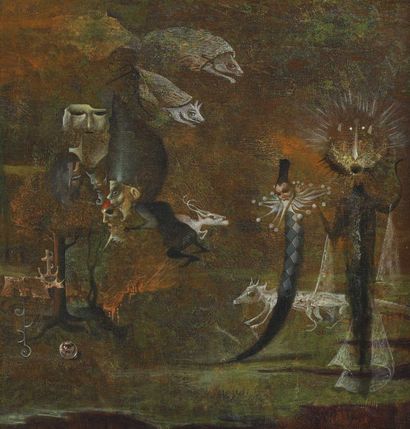  Circle of Leonora Carrington (1917-2011) Surrealist animals and jesters oil on canvas... Gazette Drouot