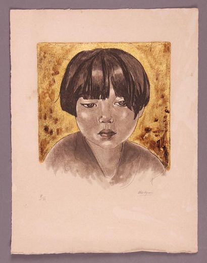 Alix AYMÉ. Portrait d’enfant. Gravure rehaussée à la feuille d’or, 21,5 x 18. Signée... Gazette Drouot