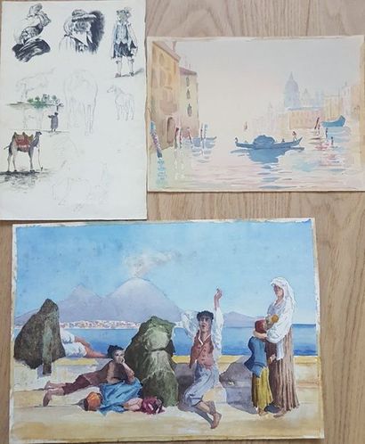 Lot de dessins, aquarelles : Vue du Canal de Venise, aquarelle, 16x23 cm ; planche...