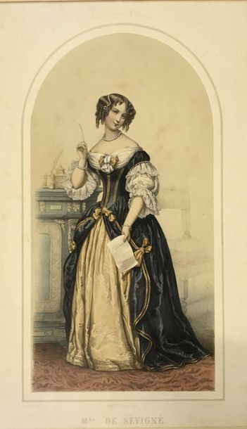 *Deux lithographies en couleurs encadrées : la veuve et Madame de Sévigné *Deux lithographies...